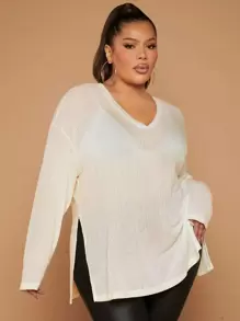 SHEIN SXY Plus Drop Shoulder Split Hem Tee - Beige - View 1