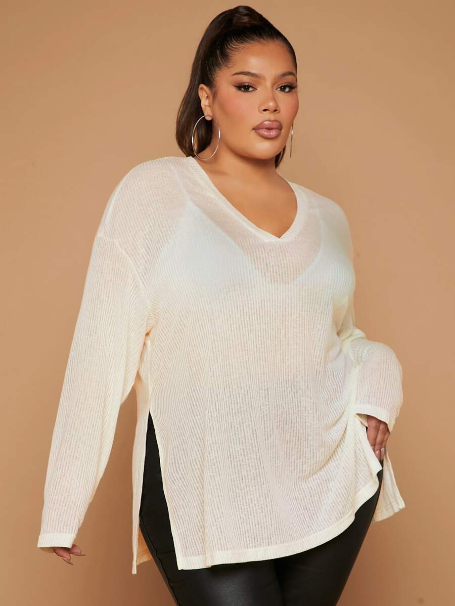 SHEIN SXY Plus Drop Shoulder Split Hem Tee - Beige - View 1