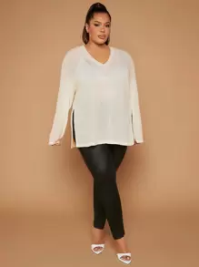 SHEIN SXY Plus Drop Shoulder Split Hem Tee - Beige - View 5