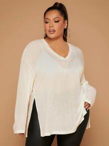 SHEIN SXY Plus Drop Shoulder Split Hem Tee - Beige - View 6