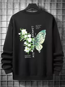 Manfinity Men Floral & Slogan Graphic Drop Shoulder Sweatshirt - Black - View 1