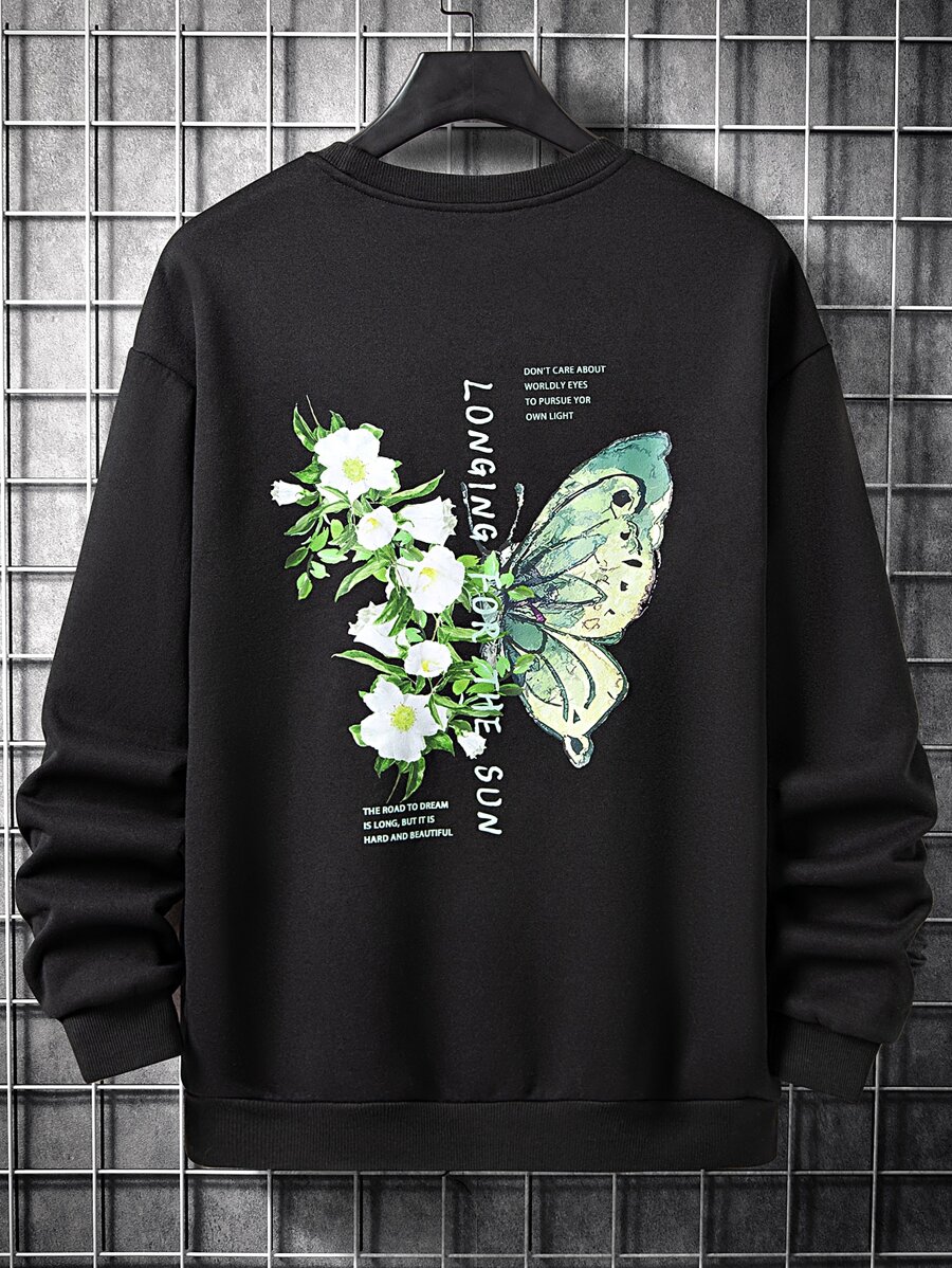 Manfinity Men Floral & Slogan Graphic Drop Shoulder Sweatshirt - Black - View 1