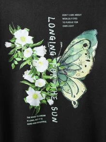 Manfinity Men Floral & Slogan Graphic Drop Shoulder Sweatshirt - Black - View 3