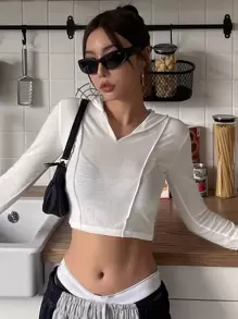 DAZY Solid Crop Hooded Sweatshirt - White - View 4