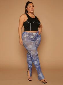 SHEIN SXY Plus Allover Print Split Hem Trousers - Multicolor - View 3