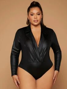 SHEIN SXY Plus Lapel Neck Ruched Bodysuit - Black - View 1