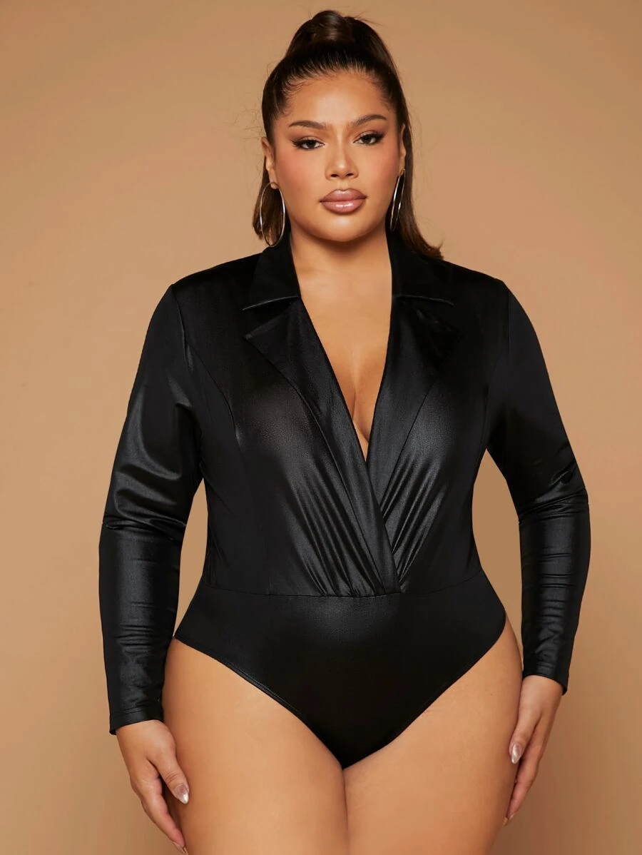 SHEIN SXY Plus Lapel Neck Ruched Bodysuit - Black - View 1