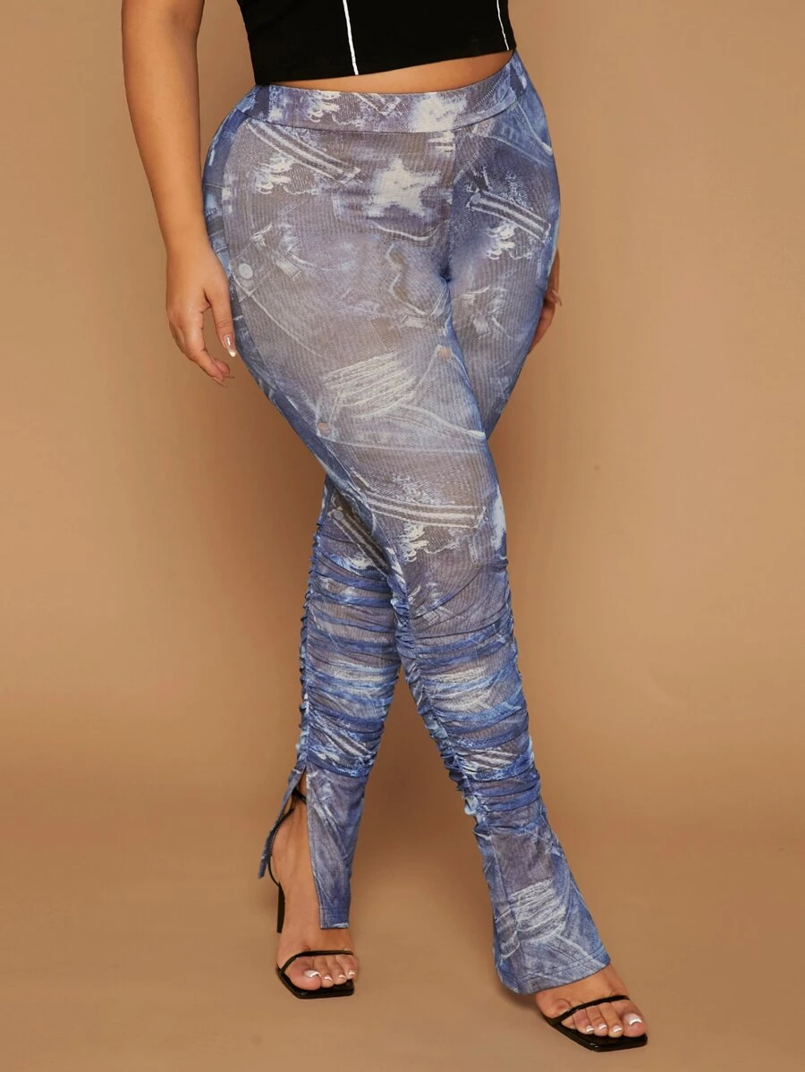 SHEIN SXY Plus Allover Print Split Hem Trousers - Multicolor - View 1