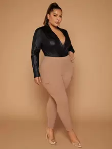 SHEIN SXY Plus Lapel Neck Ruched Bodysuit - Black - View 3