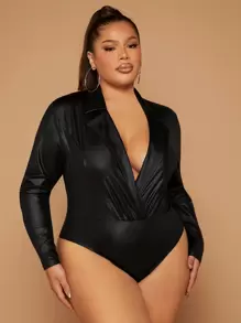 SHEIN SXY Plus Lapel Neck Ruched Bodysuit - Black - View 4