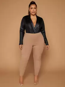 SHEIN SXY Plus Lapel Neck Ruched Bodysuit - Black - View 6