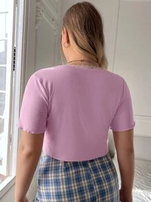SHEIN Qutie Hơn Balletcore Áo thun Trang trí ren Xù - Màu Lilac Tím - Xem 2