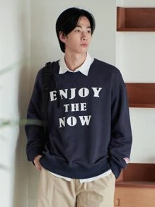 DAZY Men 1pc Slogan Graphic Drop Shoulder Pullover - Navy Blue - View 2