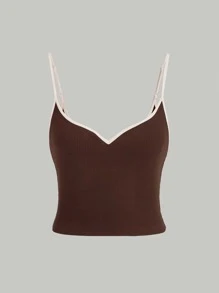 SHEIN MOD Áo hai dây Gân đan Tương phản ràng buộc màu trơn Giải trí - Màu nâu Sô-cô-la - Xem 1