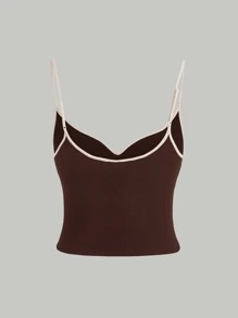 SHEIN MOD Áo hai dây Gân đan Tương phản ràng buộc màu trơn Giải trí - Màu nâu Sô-cô-la - Xem 2