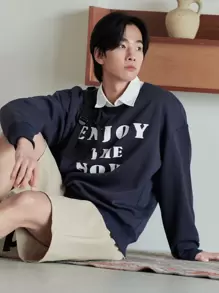 DAZY Men 1pc Slogan Graphic Drop Shoulder Pullover - Navy Blue - View 5