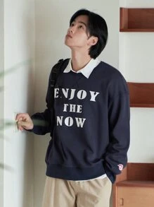 DAZY Men 1pc Slogan Graphic Drop Shoulder Pullover - Navy Blue - View 6