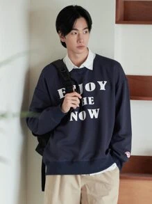 DAZY Men 1pc Slogan Graphic Drop Shoulder Pullover - Navy Blue - View 8