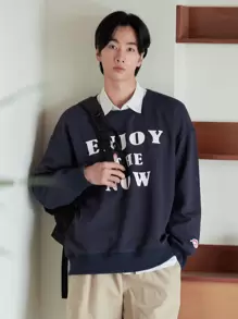 DAZY Men 1pc Slogan Graphic Drop Shoulder Pullover - Navy Blue - View 9