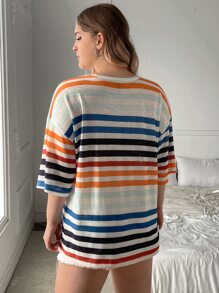 SHEIN EZwear 大碼條紋圖案落肩T恤 - 彩色 - 查看 2