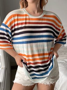 SHEIN EZwear 大碼條紋圖案落肩T恤 - 彩色 - 查看 4