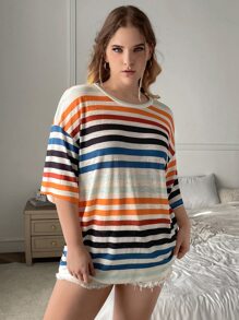 SHEIN EZwear 大碼條紋圖案落肩T恤 - 彩色 - 查看 5