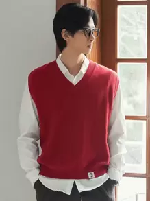 DAZY Men V Neck Sweater Vest Without Shirt - Burgundy - View 2