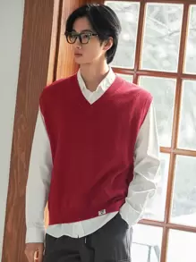 DAZY Men V Neck Sweater Vest Without Shirt - Burgundy - View 6