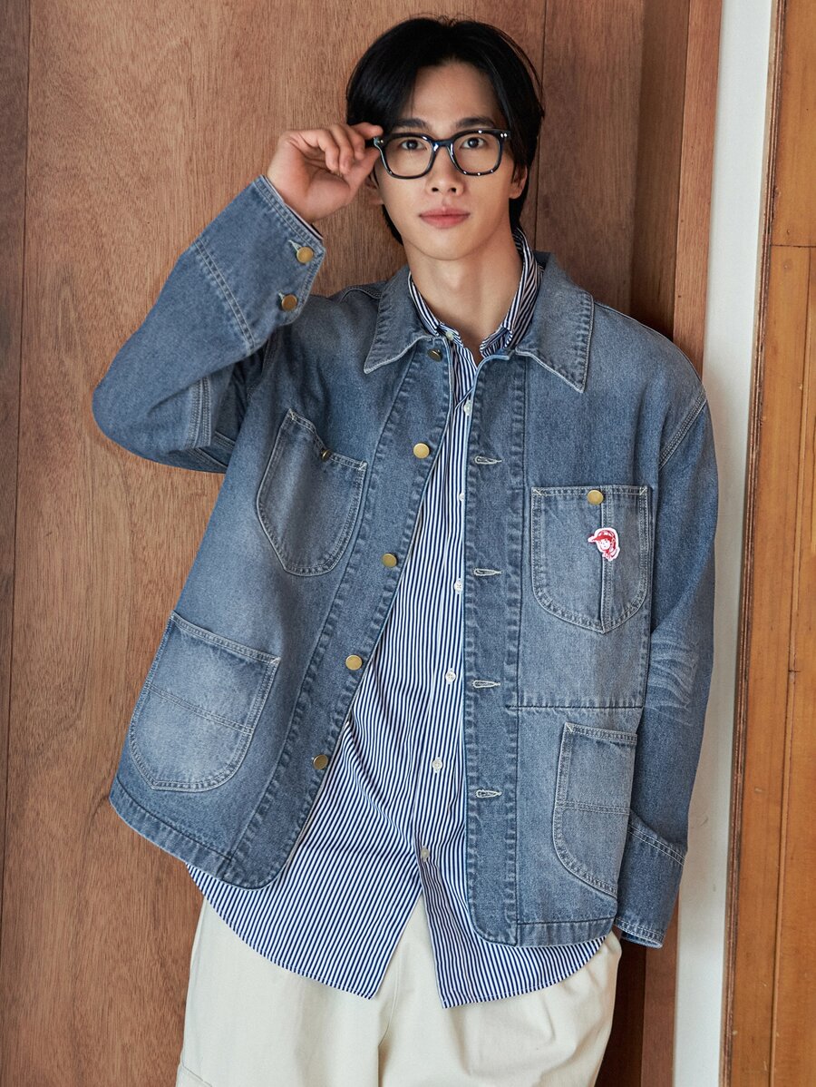 DAZY Men Patched Detail Dual Pocket Drop Shoulder Denim Jacket Fall,Winter - Medium Wash - View 1