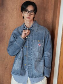 DAZY Men Patched Detail Dual Pocket Drop Shoulder Denim Jacket Fall,Winter - Medium Wash - View 8