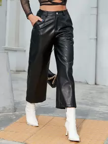 Slant Pocket Cropped PU Leather Trousers - Black - View 1