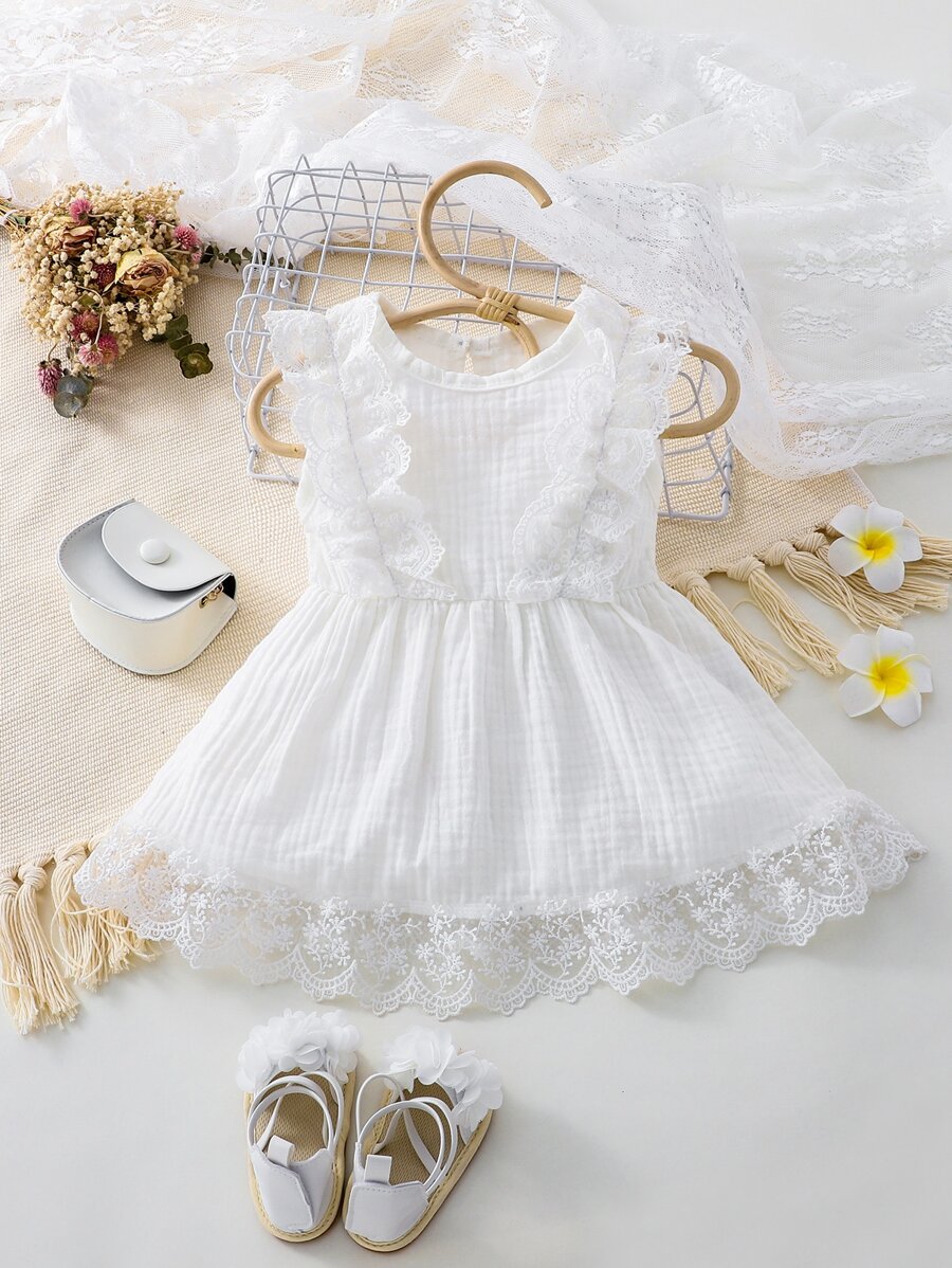 Bebé Vestido con encaje en contraste ribete con fruncido - Blanco - Ver 1