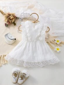 Bebé Vestido con encaje en contraste ribete con fruncido - Blanco - Ver 2