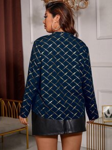 SHEIN LUNE Plus Gold Geo Print Notched Neck Blouse - Navy Blue - View 2