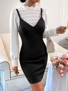 SHEIN Privé Frill Neck Puff Sleeve Blouse With Cami Bodycon Dress - Black and White - View 3