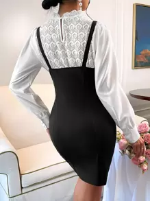 SHEIN Privé Frill Neck Puff Sleeve Blouse With Cami Bodycon Dress - Black and White - View 2