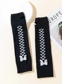 Bow & Grommet Lace Up Pattern Fingerless Gloves - Black - View 2