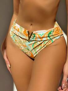 Marble Print High Waisted Bikini Bottom - Multicolor - View 1