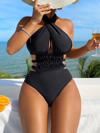 Summer Beach Cut-Out Cross Halter One Piece Swimsuit