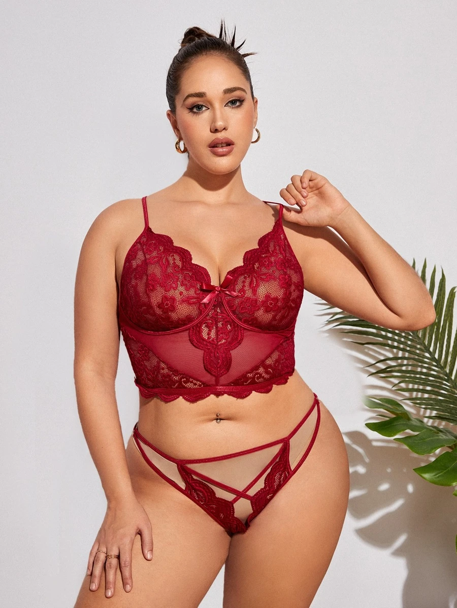 Plus Floral Lace Scallop Trim Lingerie Set - Burgundy - View 1