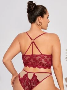 Plus Floral Lace Scallop Trim Lingerie Set - Burgundy - View 2