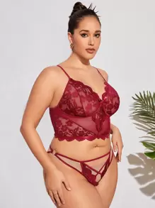 Plus Floral Lace Scallop Trim Lingerie Set - Burgundy - View 3