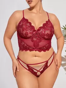 Plus Floral Lace Scallop Trim Lingerie Set - Burgundy - View 4