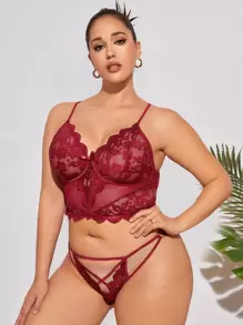 Plus Floral Lace Scallop Trim Lingerie Set - Burgundy - View 5