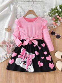 小女童心形和卡通圖案荷葉邊繫腰帶洋裝