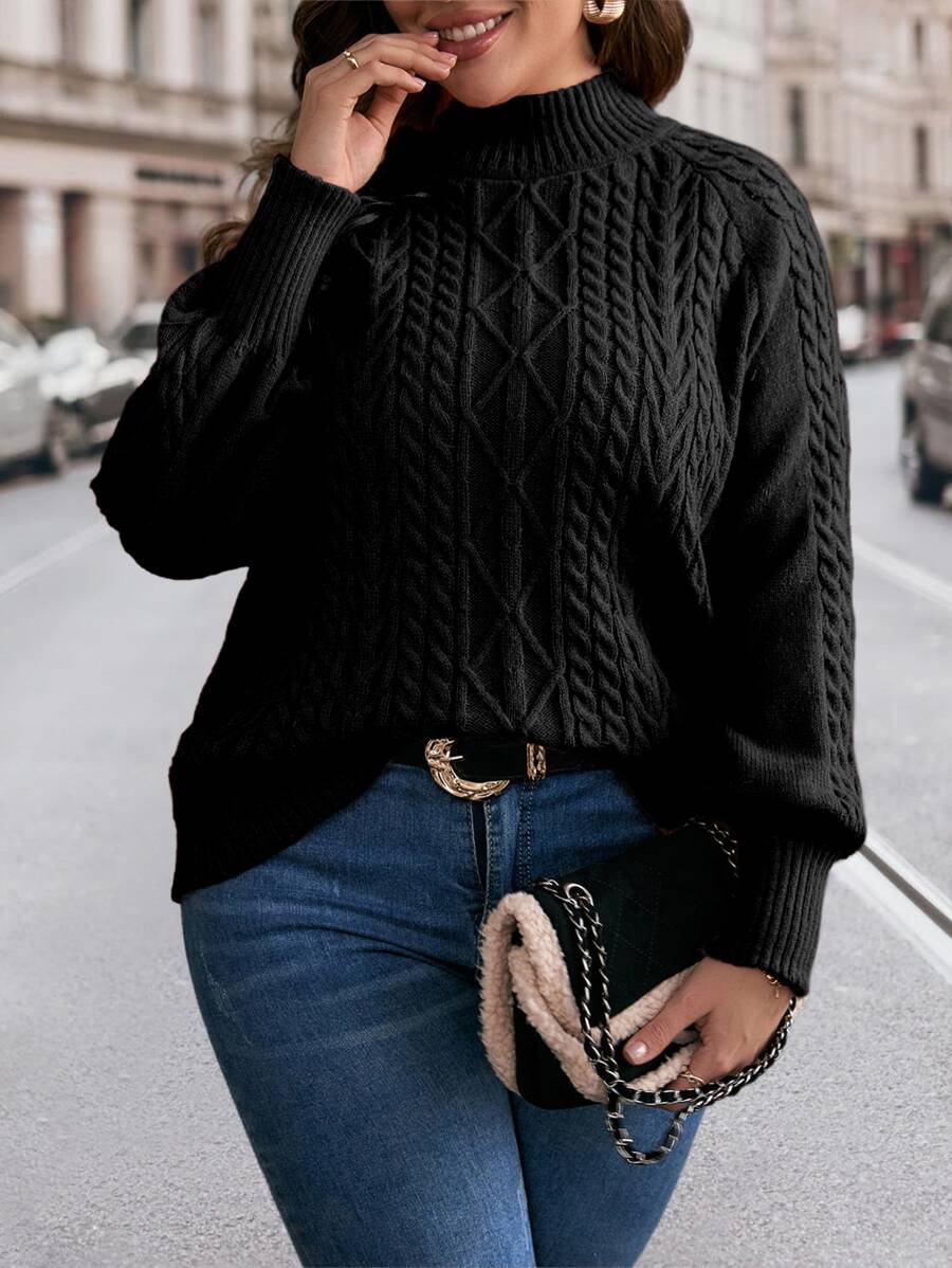 SHEIN LUNE Jersey tejido de cable de manga raglán - Negro - Ver 1