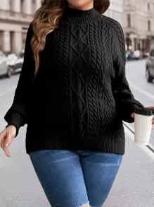 SHEIN LUNE Jersey tejido de cable de manga raglán - Negro - Ver 4