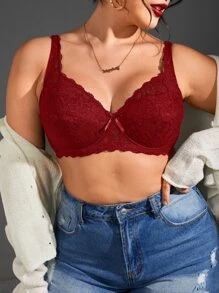 Plus Floral Lace Underwire Bra - Burgundy - View 1