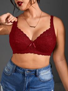 Plus Floral Lace Underwire Bra - Burgundy - View 4