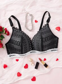 Plus Floral Lace Letter Tape Underwire Bra - Black - View 1